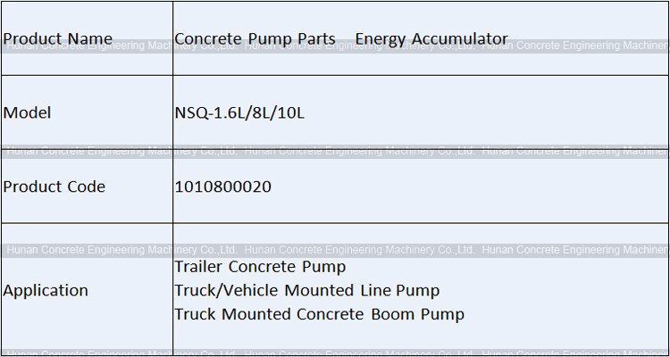 Concrete Pump Parts Energy Accumulator Assembly NSQ-1.6L/8L/10L