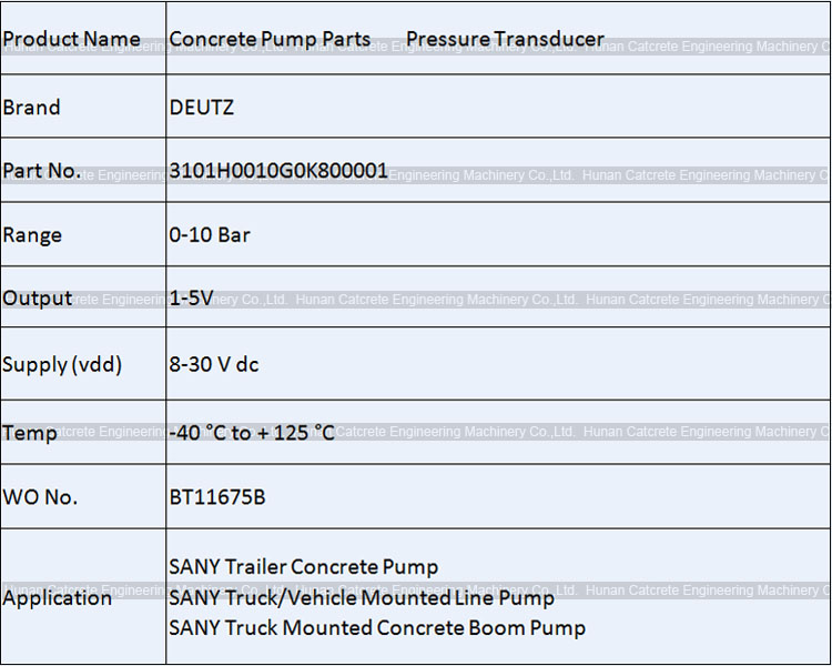 SANY Stationary Concrete Pump HBT80C-1818D Pressure Transducer DEUTZ 3101H0010G0K800001