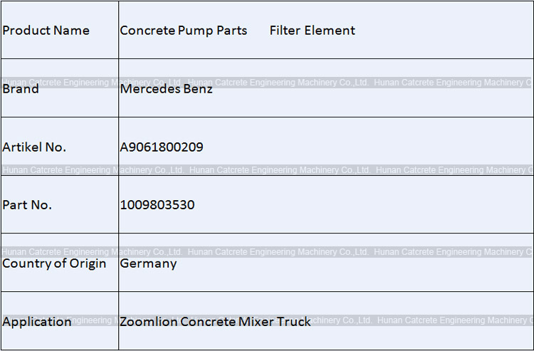 Zoomlion Concrete Mixer Truck Parts Mercedes Benz MTU Filter Element 1009803530 A9061800209