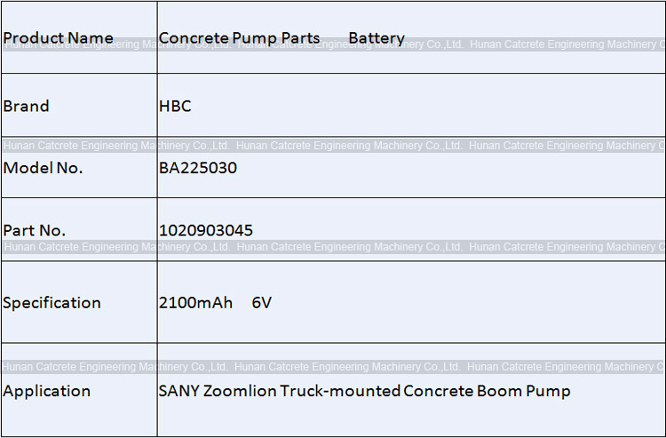 SANY Zoomlion Concrete Pump 2100mAh 6V HBC Battery BA225030