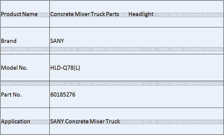 SANY Concrete Mixer Truck Spare Parts Headlight Left Side 60185276