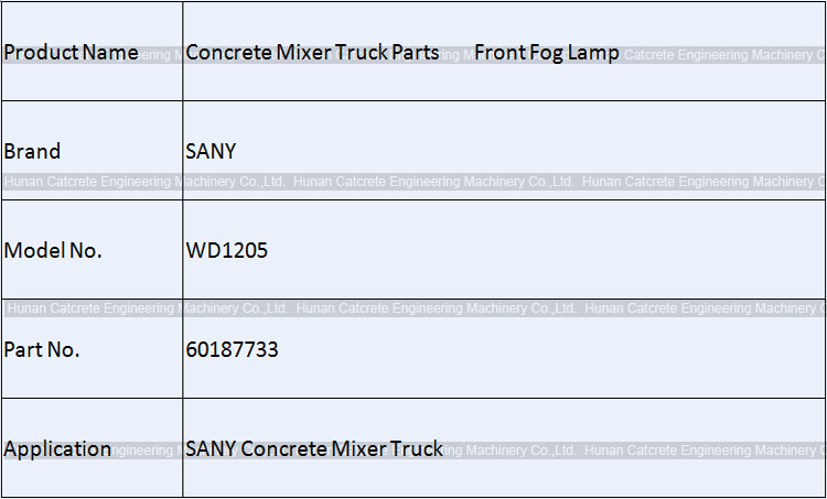 SANY Concrete Mixer Truck Spare Parts Front Fog Lamp 60187733