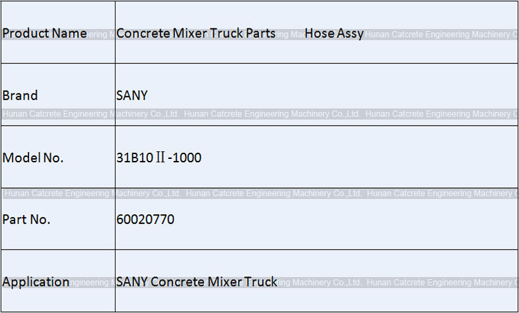 SANY Concrete Mixer Truck Spare Parts Hose Assy 60020770