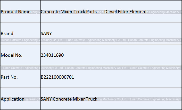 SANY Concrete Mixer Truck Spare Parts Diesel Filter Element B222100000701