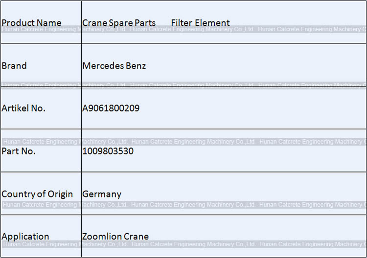 Zoomlion Crane Spare Parts Mercedes Benz MTU Filter Element 1009803530 A9061800209