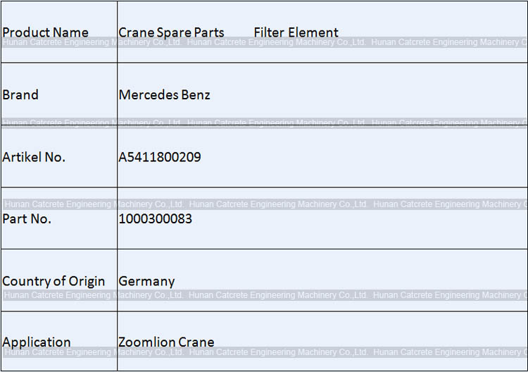 Zoomlion Crane Parts Mercedes Benz MTU Filter Element 1000300083 A5411800209