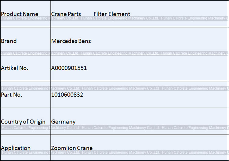 Zoomlion Crane Spare Parts Mercedes Benz MTU Filter Element 1010600832 A0000901551