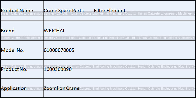 Zoomlion Crane Parts WEICHAI Filter Element 61000070005 1000300090