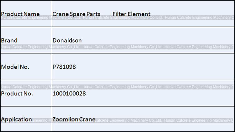 Zoomlion Crane Parts Filter Element Donaldson P781098 1000100028