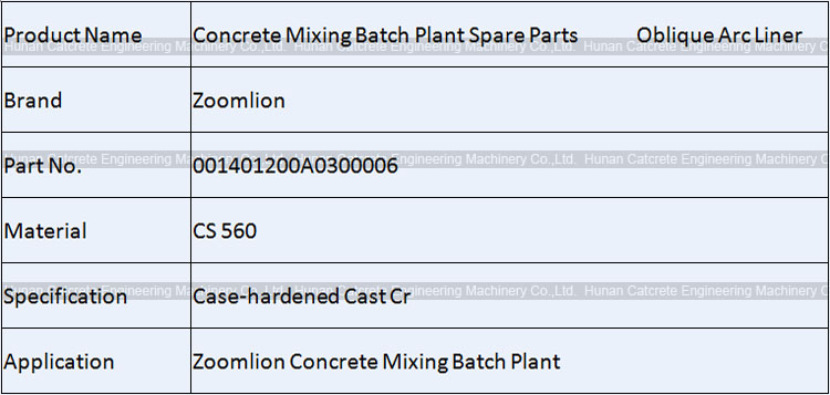 Zoomlion Concrete Mixing Batch Plant Wear Parts  Oblique Arc Liner 001401200A0300006