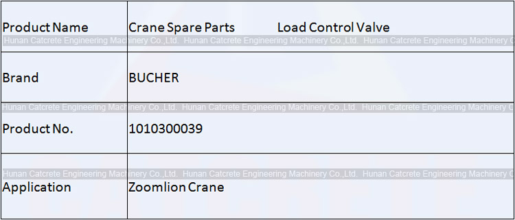 Zoomlion Crane Spare Parts BUCHER Load Control Valve 1010300039