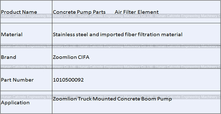 Zoomlion CIFA Truck-mounted Concrete Pump Air Filter Element 1010500092